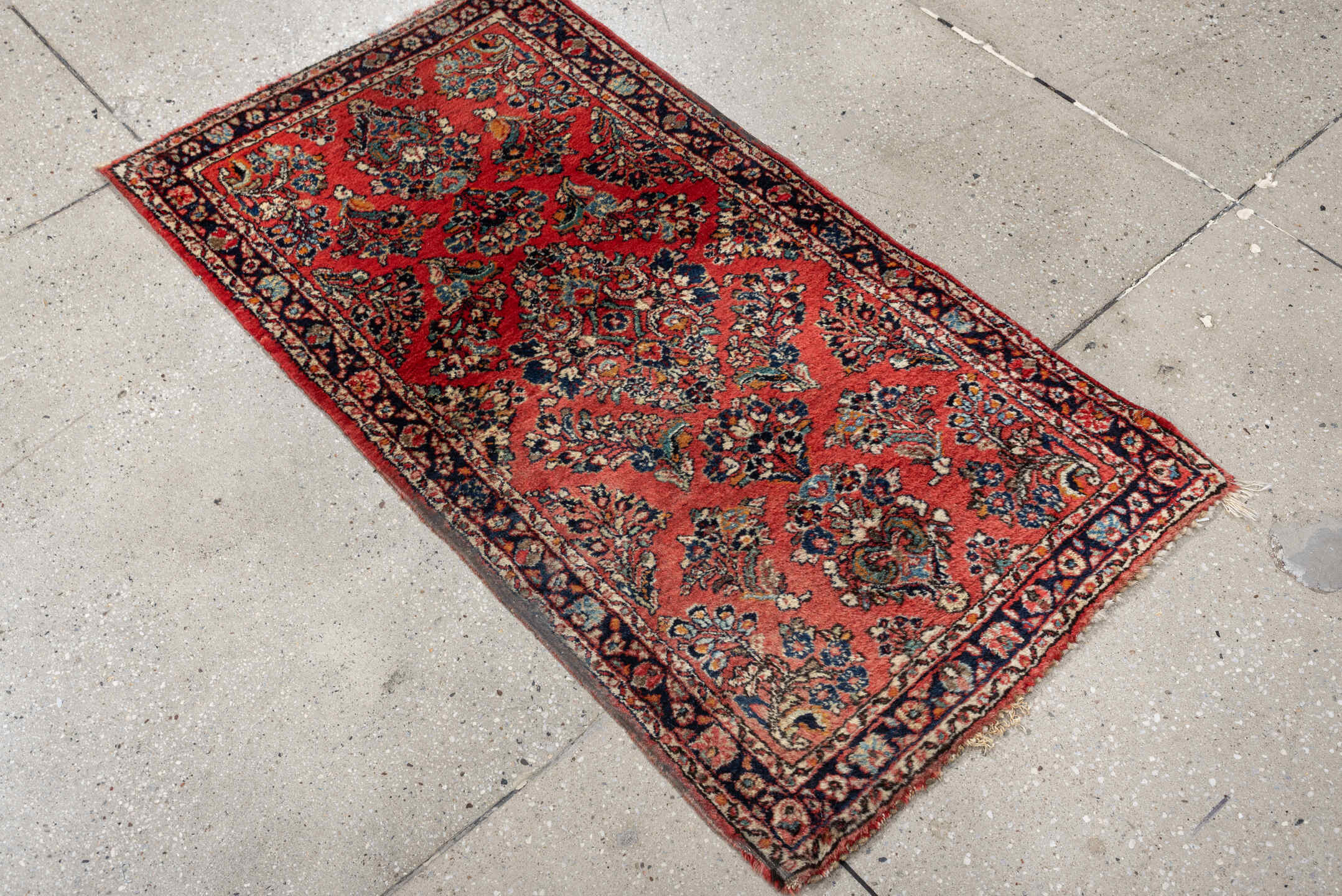 2' x 4' one-of-a-kind handmade antique Sarouk small size rug. Color palette: rust, navy, ivory, sky blue, camel, saffron