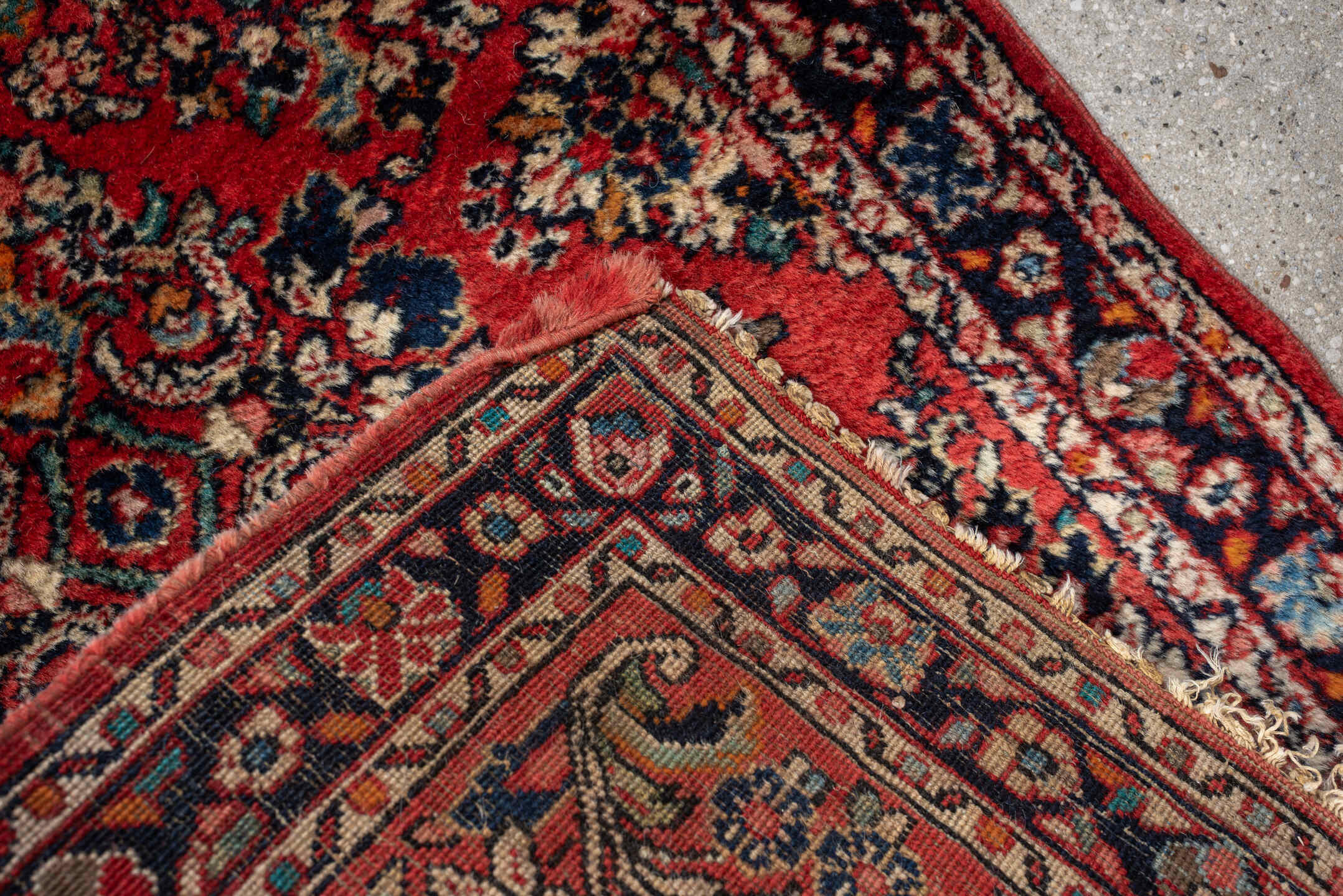 2' x 4' one-of-a-kind handmade antique Sarouk small size rug. Color palette: rust, navy, ivory, sky blue, camel, saffron