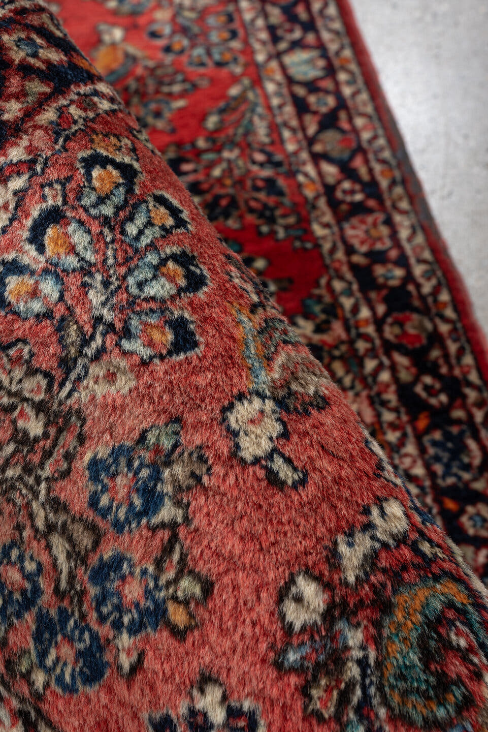 2' x 4' one-of-a-kind handmade antique Sarouk small size rug. Color palette: rust, navy, ivory, sky blue, camel, saffron