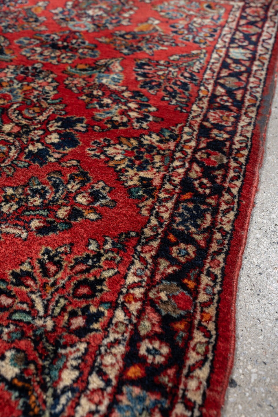 2' x 4' one-of-a-kind handmade antique Sarouk small size rug. Color palette: rust, navy, ivory, sky blue, camel, saffron