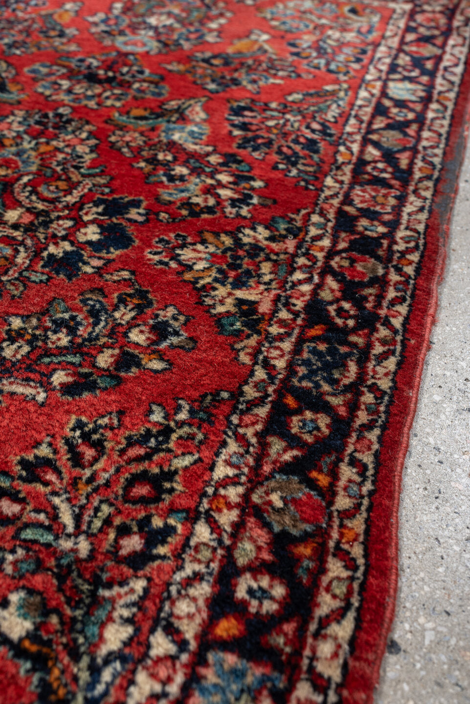 2' x 4' one-of-a-kind handmade antique Sarouk small size rug. Color palette: rust, navy, ivory, sky blue, camel, saffron