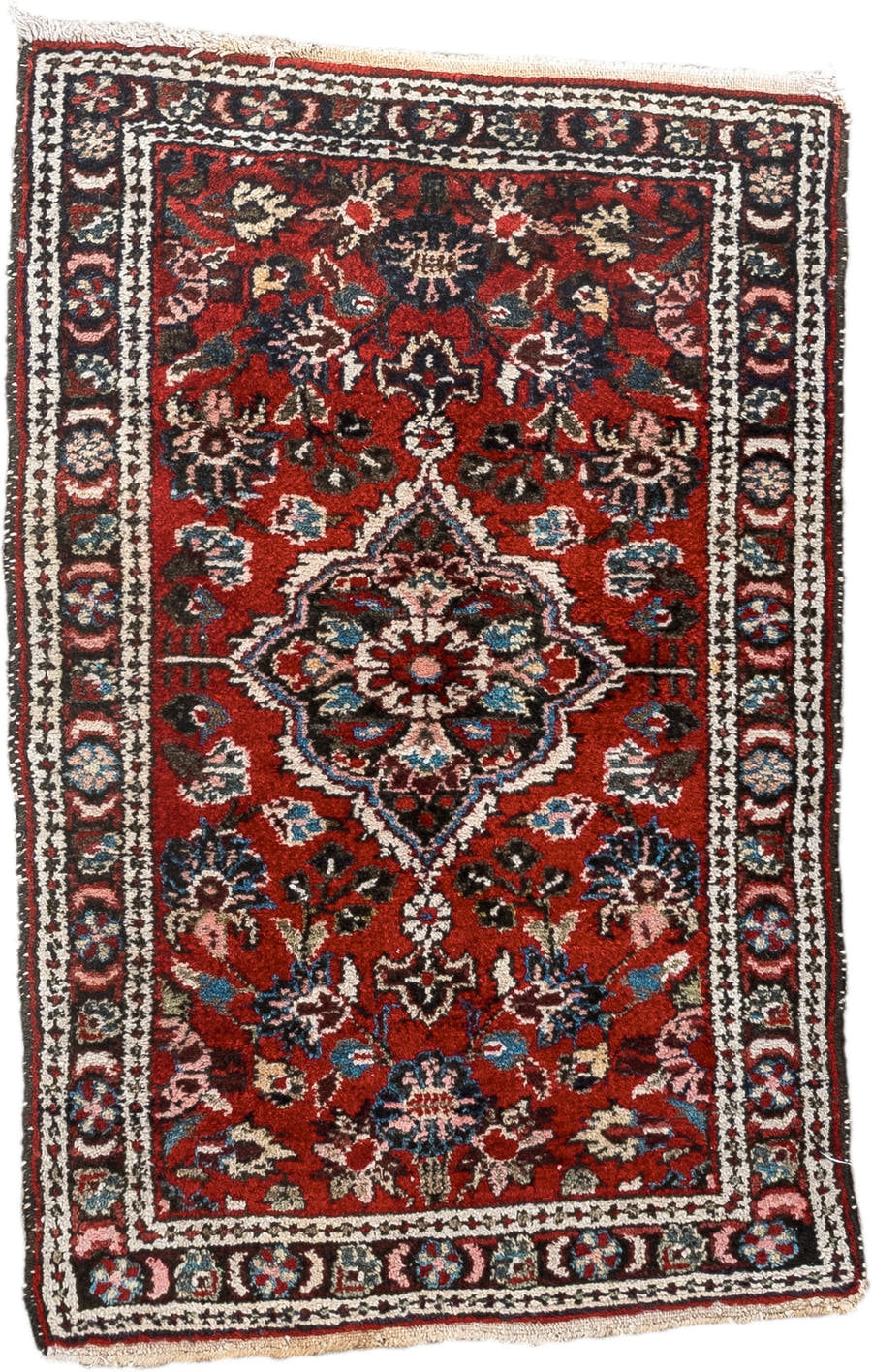 2' x 3' one-of-a-kind handmade antique Dargazin small size rug. Color palette: rust, ivory, navy, sky blue, pink, charcoal