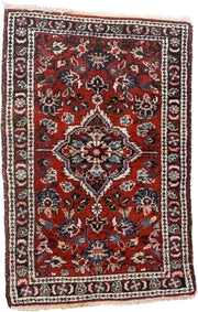 2' x 3' one-of-a-kind handmade antique Dargazin small size rug. Color palette: rust, ivory, navy, sky blue, pink, charcoal