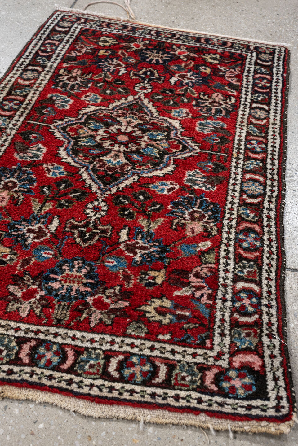 2' x 3' one-of-a-kind handmade antique Dargazin small size rug. Color palette: rust, ivory, navy, sky blue, pink, charcoal