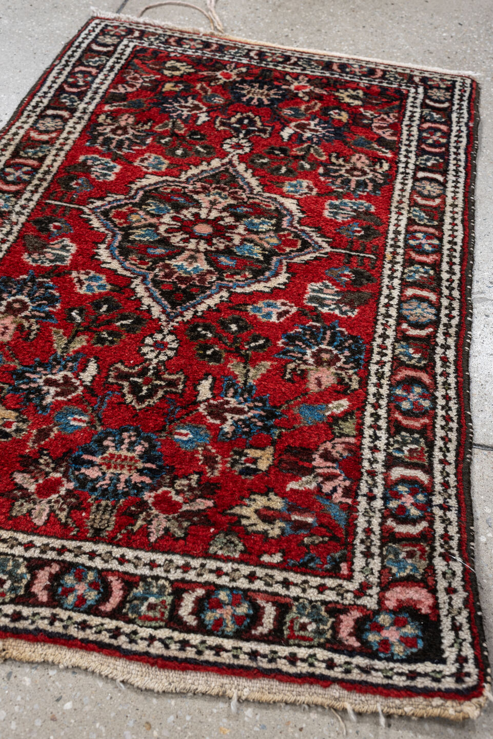 2' x 3' one-of-a-kind handmade antique Dargazin small size rug. Color palette: rust, ivory, navy, sky blue, pink, charcoal