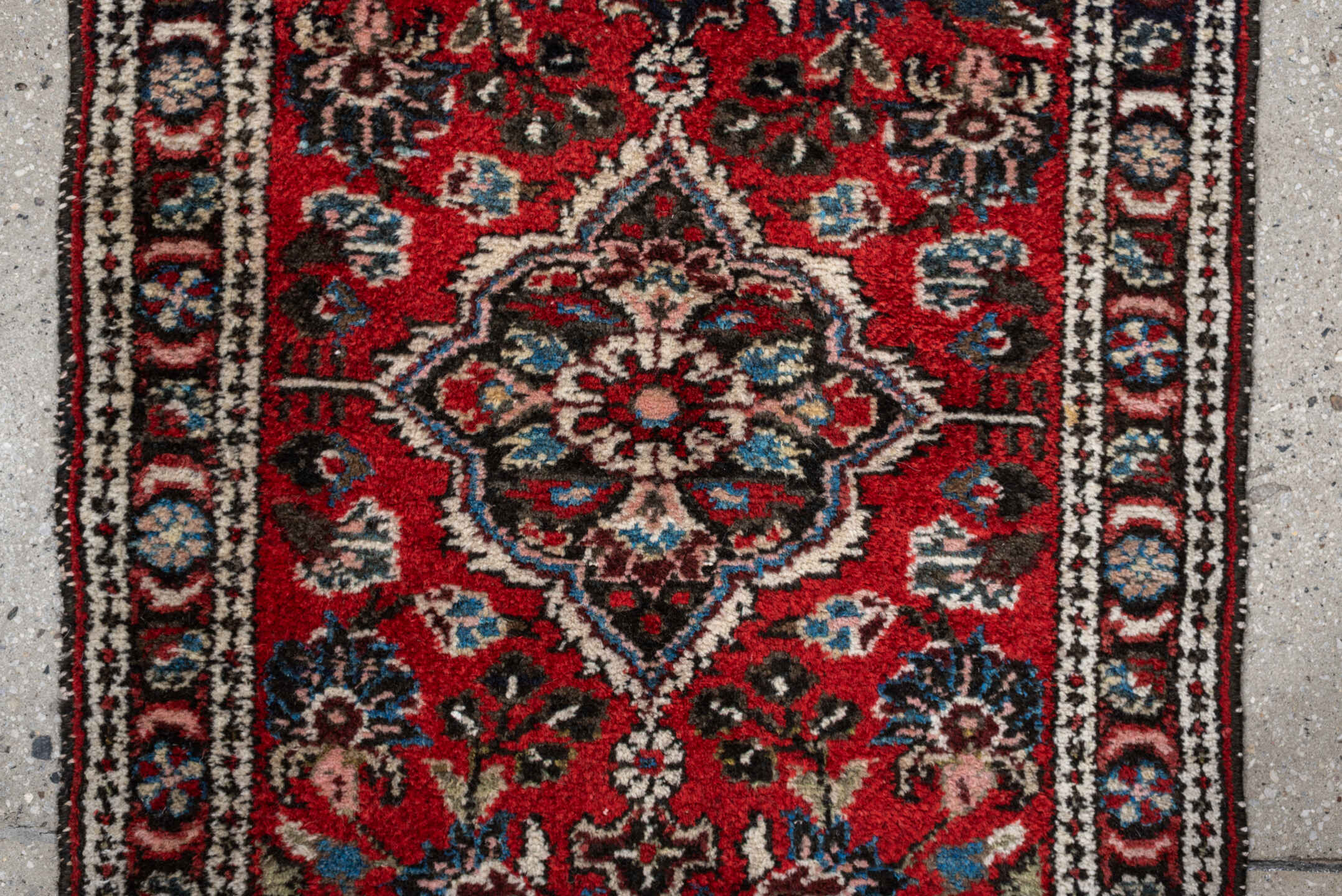 2' x 3' one-of-a-kind handmade antique Dargazin small size rug. Color palette: rust, ivory, navy, sky blue, pink, charcoal