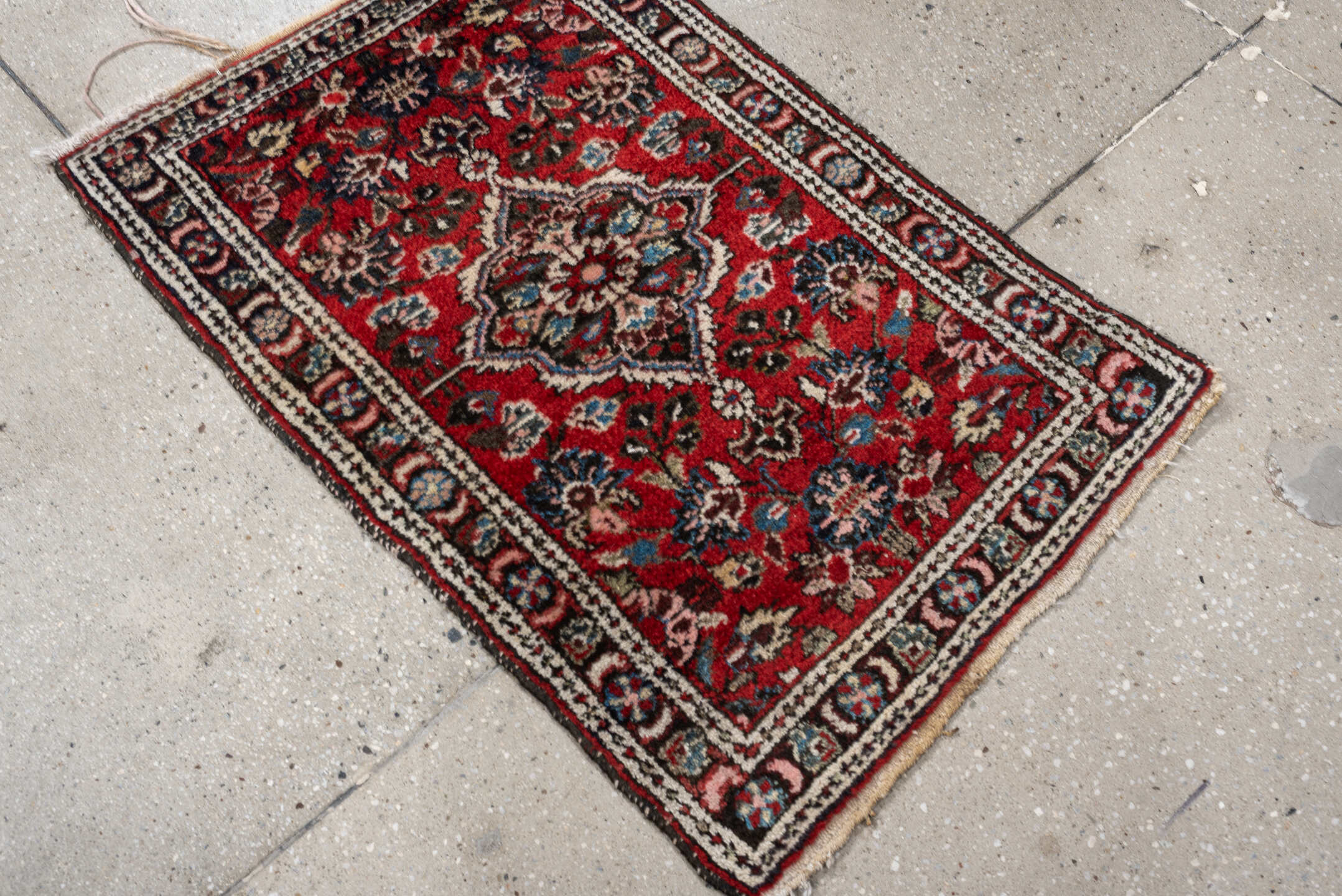 2' x 3' one-of-a-kind handmade antique Dargazin small size rug. Color palette: rust, ivory, navy, sky blue, pink, charcoal