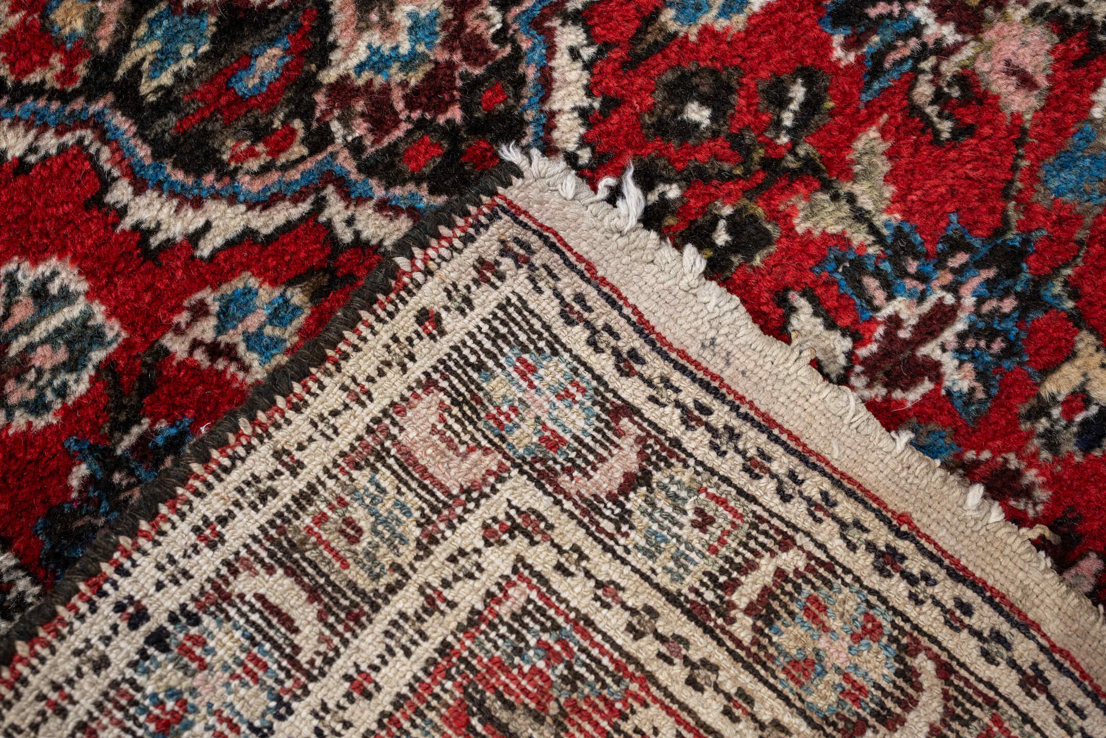 2' x 3' one-of-a-kind handmade antique Dargazin small size rug. Color palette: rust, ivory, navy, sky blue, pink, charcoal