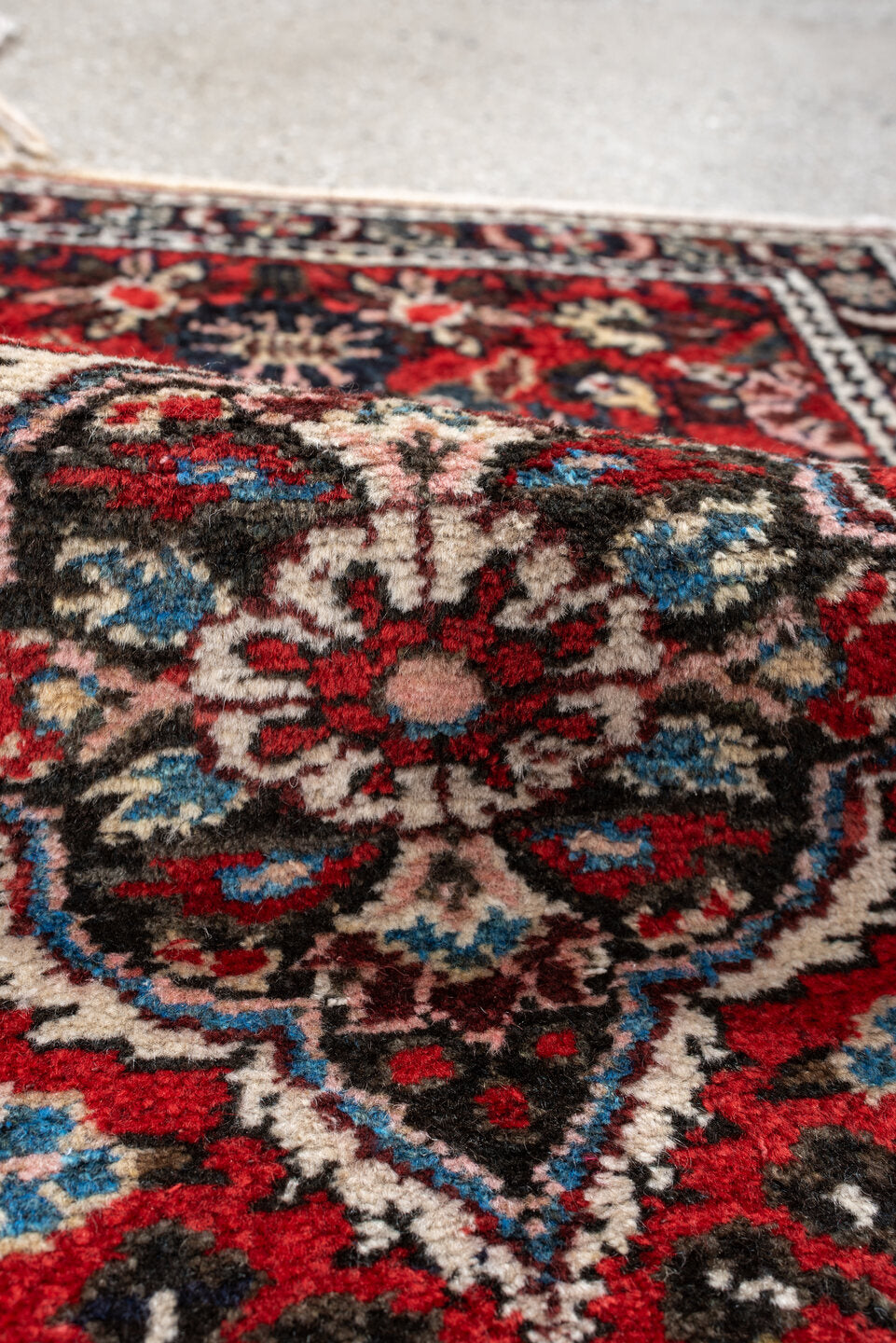 2' x 3' one-of-a-kind handmade antique Dargazin small size rug. Color palette: rust, ivory, navy, sky blue, pink, charcoal
