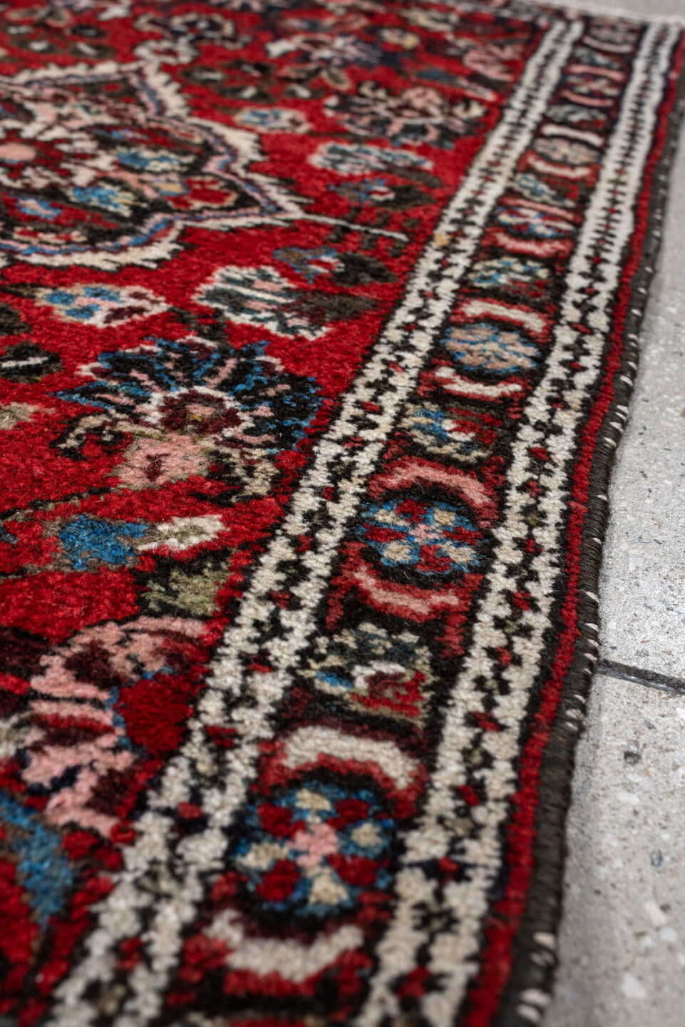 2' x 3' one-of-a-kind handmade antique Dargazin small size rug. Color palette: rust, ivory, navy, sky blue, pink, charcoal