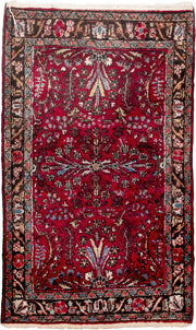 2' x 4' one-of-a-kind handmade antique Dargazin small size rug. Color palette: crimson, ivory, espresso, sky_blue, rose