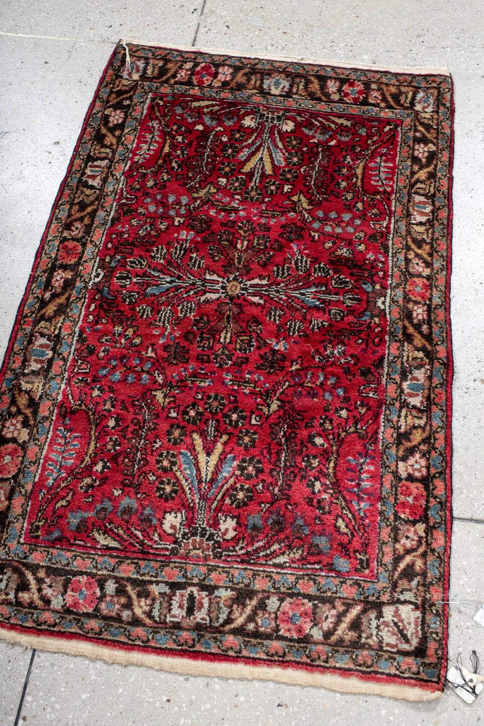 2' x 4' one-of-a-kind handmade antique Dargazin small size rug. Color palette: crimson, ivory, espresso, sky_blue, rose