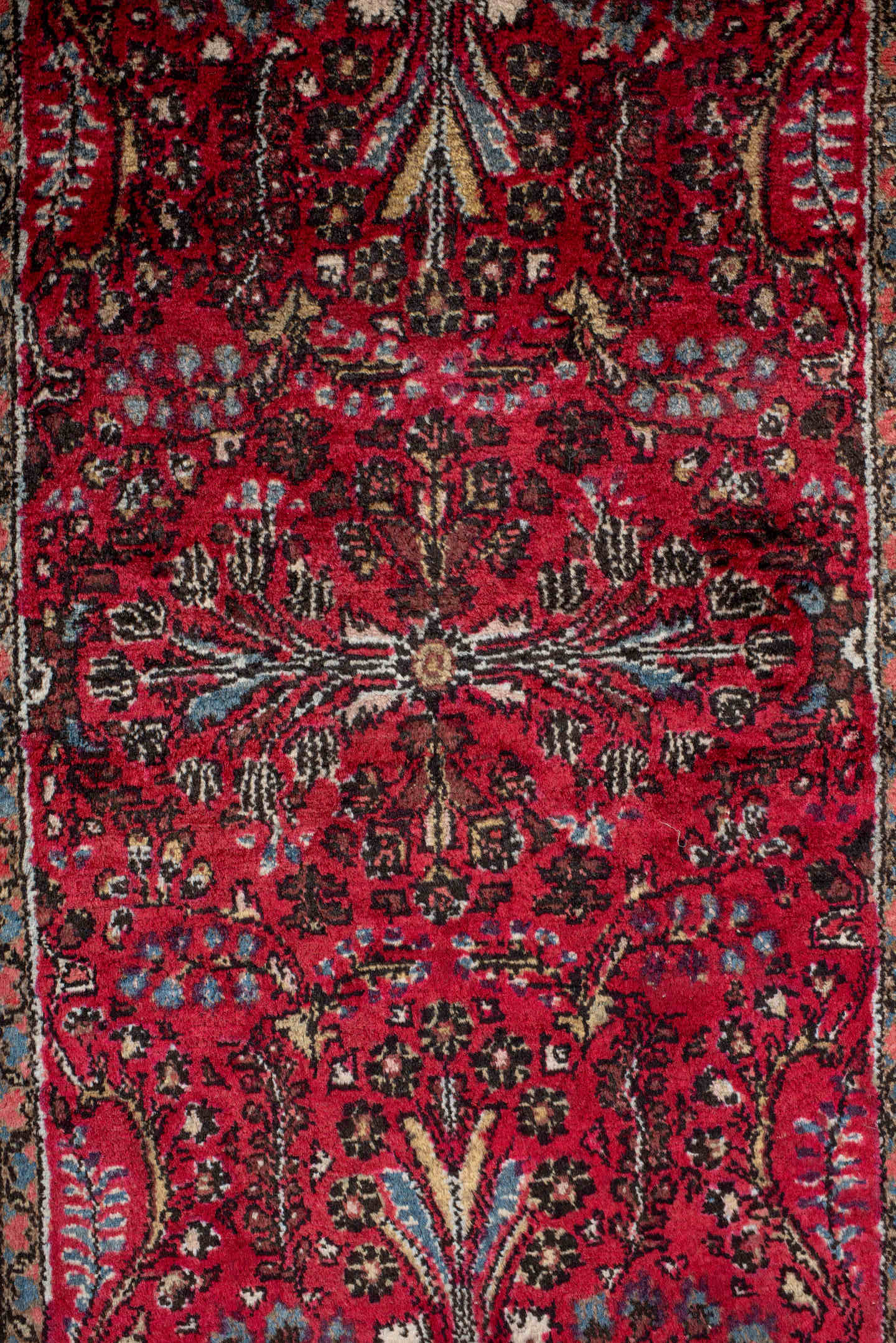 2' x 4' one-of-a-kind handmade antique Dargazin small size rug. Color palette: crimson, ivory, espresso, sky_blue, rose