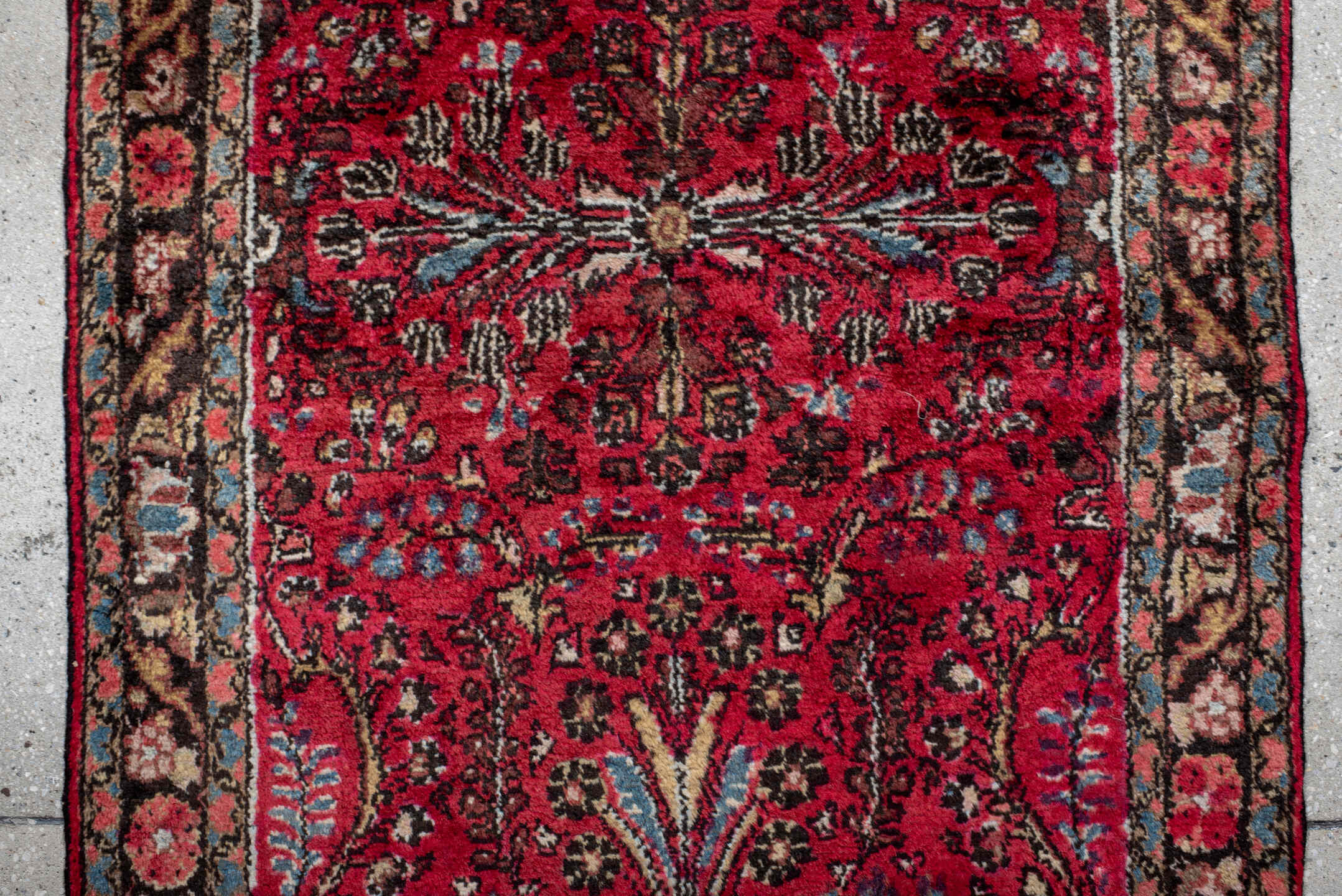2' x 4' one-of-a-kind handmade antique Dargazin small size rug. Color palette: crimson, ivory, espresso, sky_blue, rose