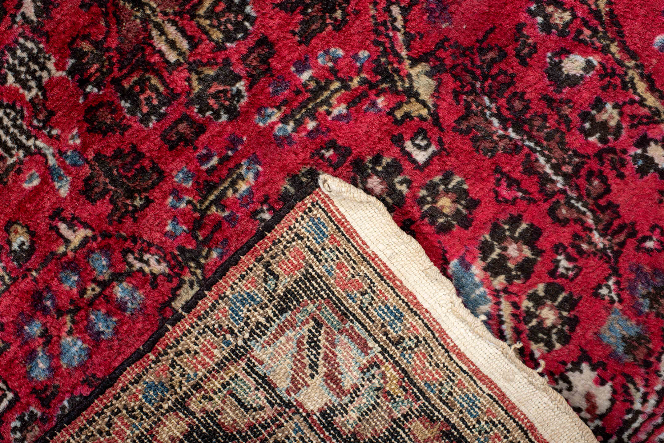 2' x 4' one-of-a-kind handmade antique Dargazin small size rug. Color palette: crimson, ivory, espresso, sky_blue, rose