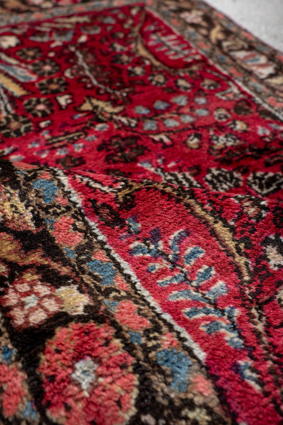 2' x 4' one-of-a-kind handmade antique Dargazin small size rug. Color palette: crimson, ivory, espresso, sky_blue, rose