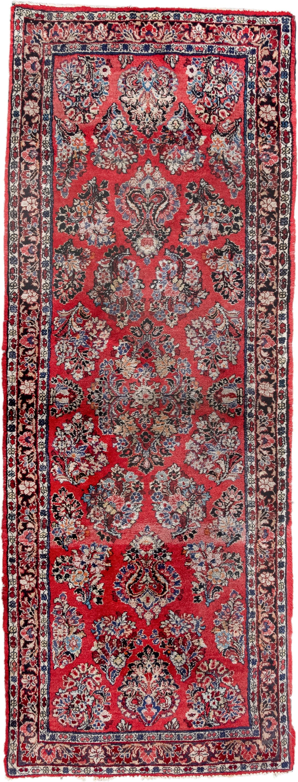 2' x 6' one-of-a-kind handmade antique Sarouk runner rug. Color palette: red, navy, ivory, rose, slate, burgundy, camel