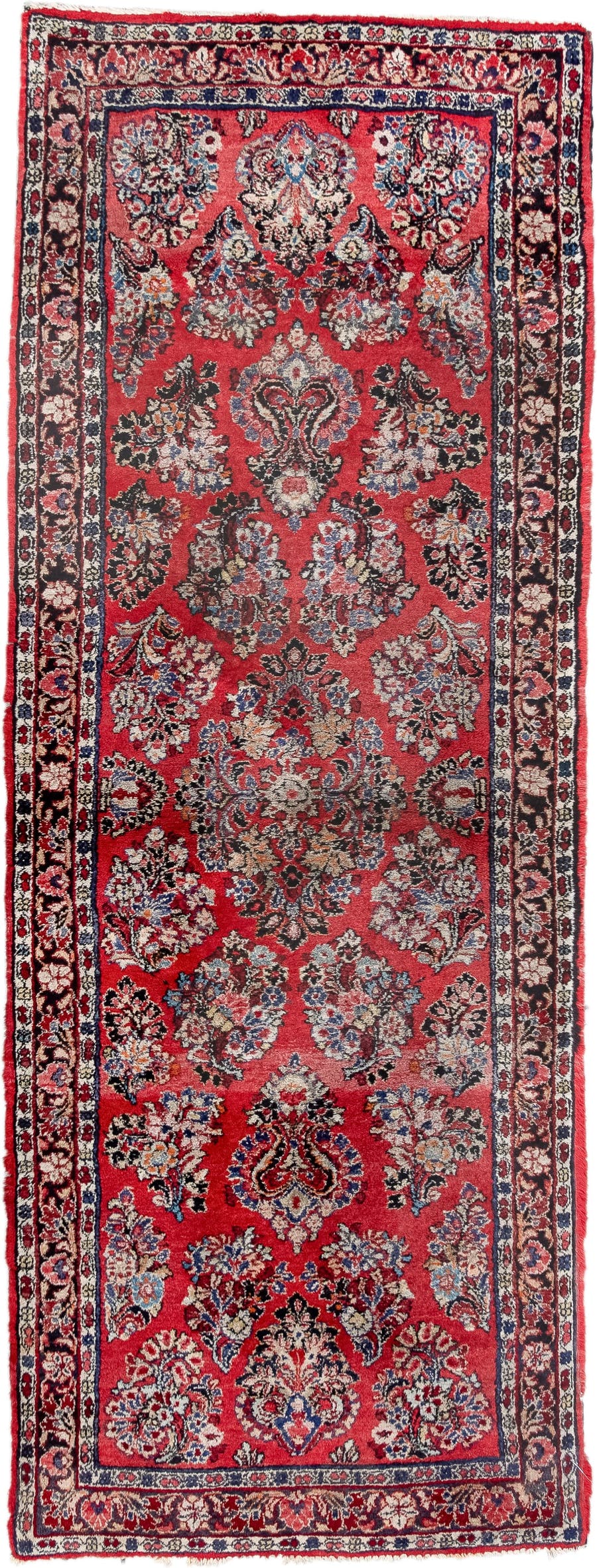 2' x 6' one-of-a-kind handmade antique Sarouk runner rug. Color palette: red, navy, ivory, rose, slate, burgundy, camel