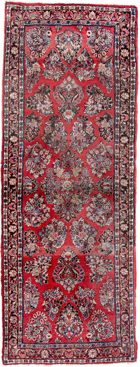 2' x 6' one-of-a-kind handmade antique Sarouk runner rug. Color palette: red, navy, ivory, rose, slate, burgundy, camel