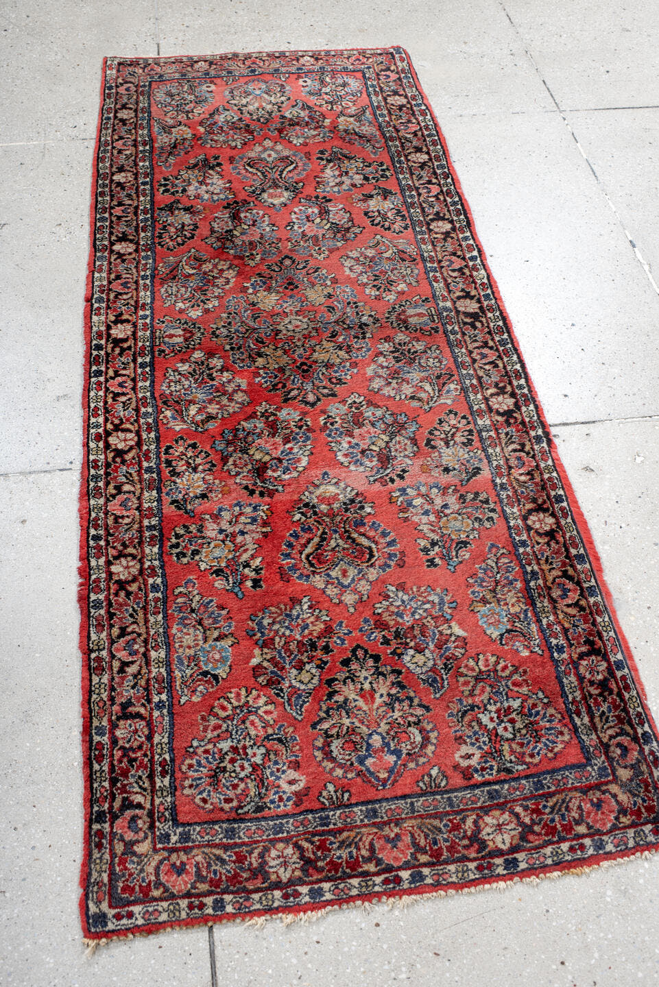 2' x 6' one-of-a-kind handmade antique Sarouk runner rug. Color palette: red, navy, ivory, rose, slate, burgundy, camel