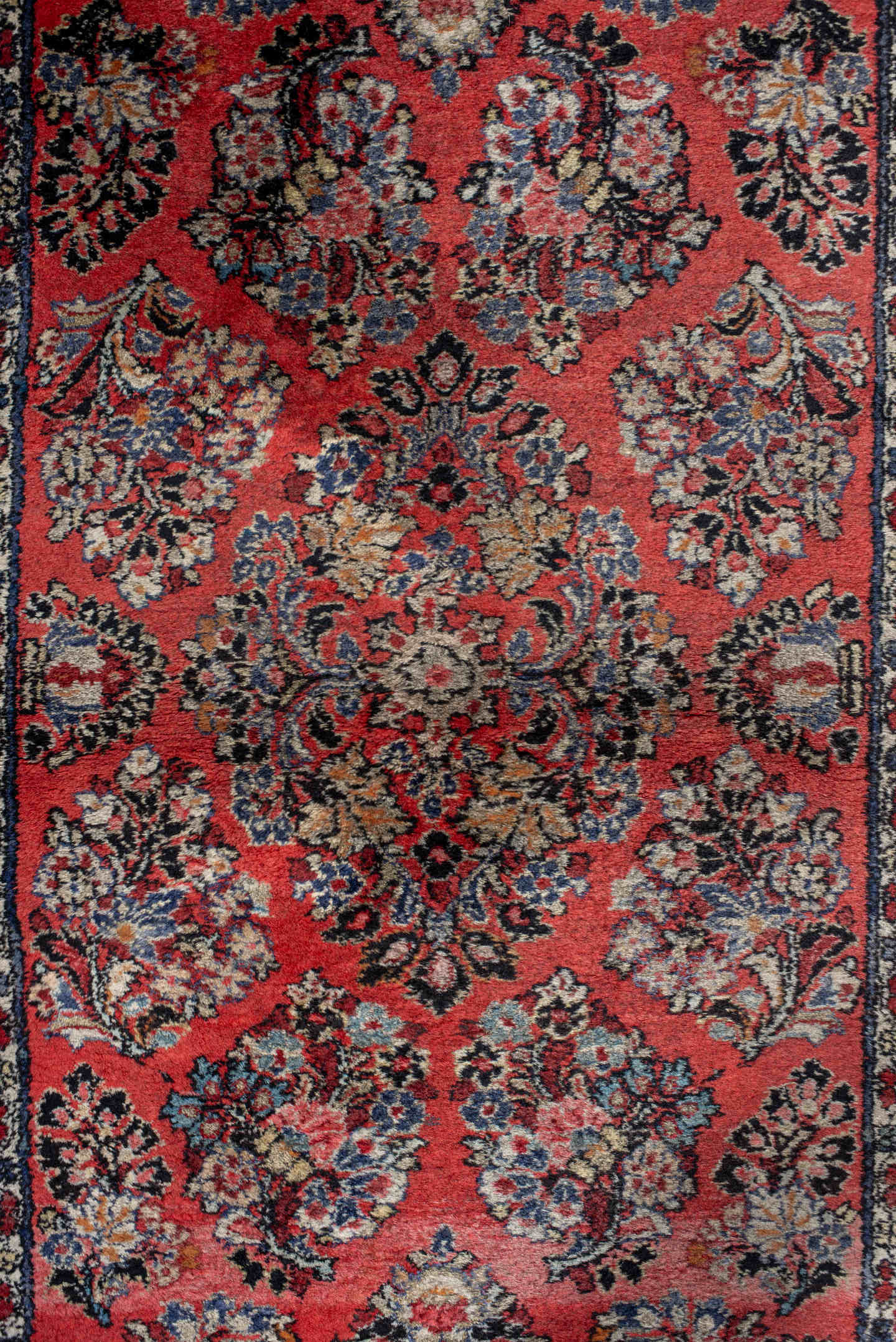 2' x 6' one-of-a-kind handmade antique Sarouk runner rug. Color palette: red, navy, ivory, rose, slate, burgundy, camel