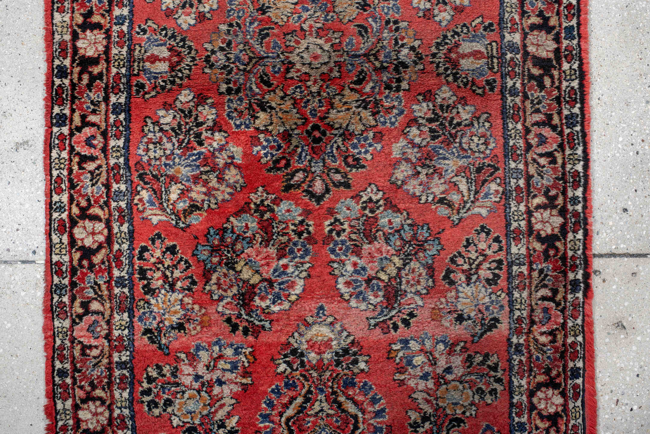 2' x 6' one-of-a-kind handmade antique Sarouk runner rug. Color palette: red, navy, ivory, rose, slate, burgundy, camel
