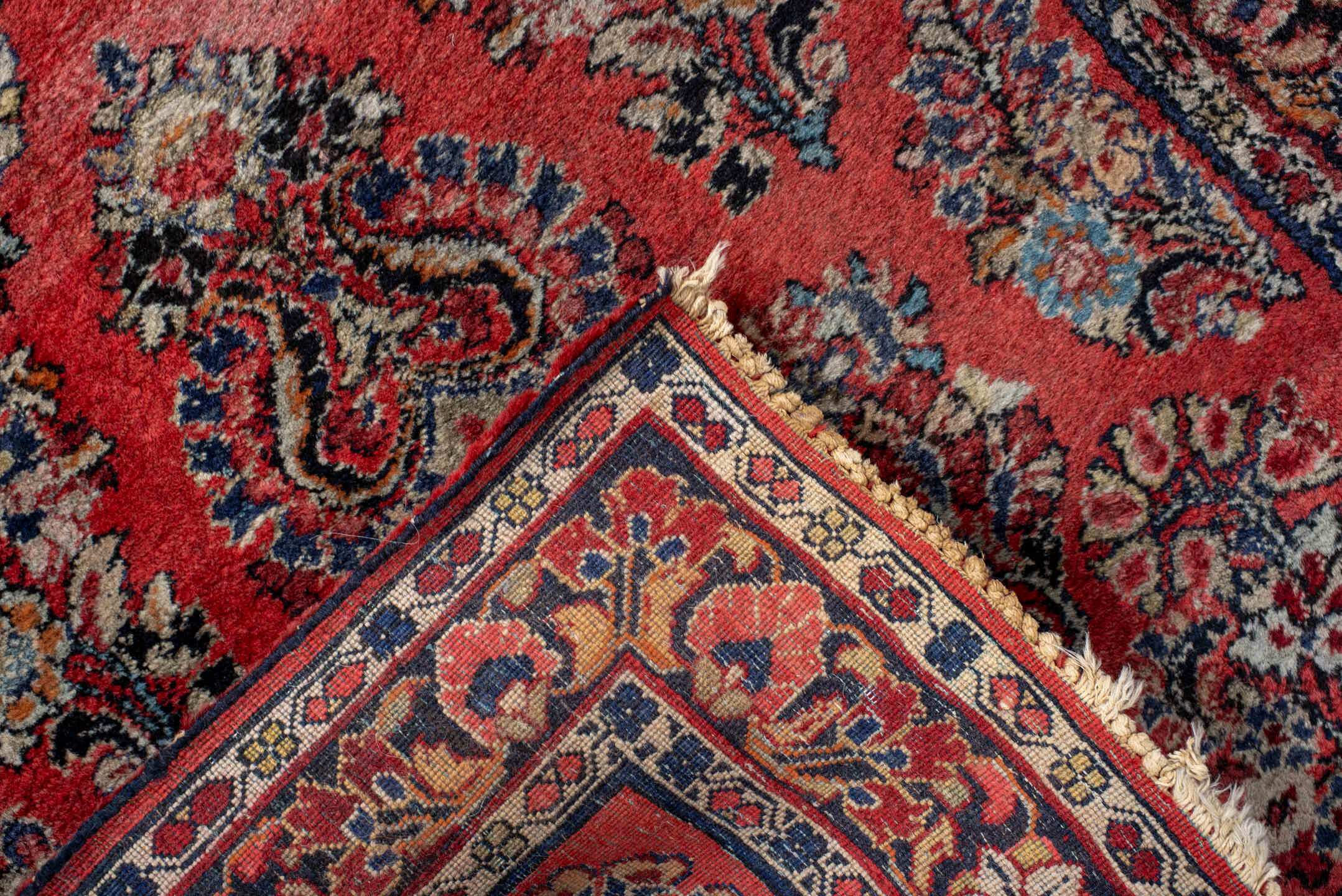 2' x 6' one-of-a-kind handmade antique Sarouk runner rug. Color palette: red, navy, ivory, rose, slate, burgundy, camel