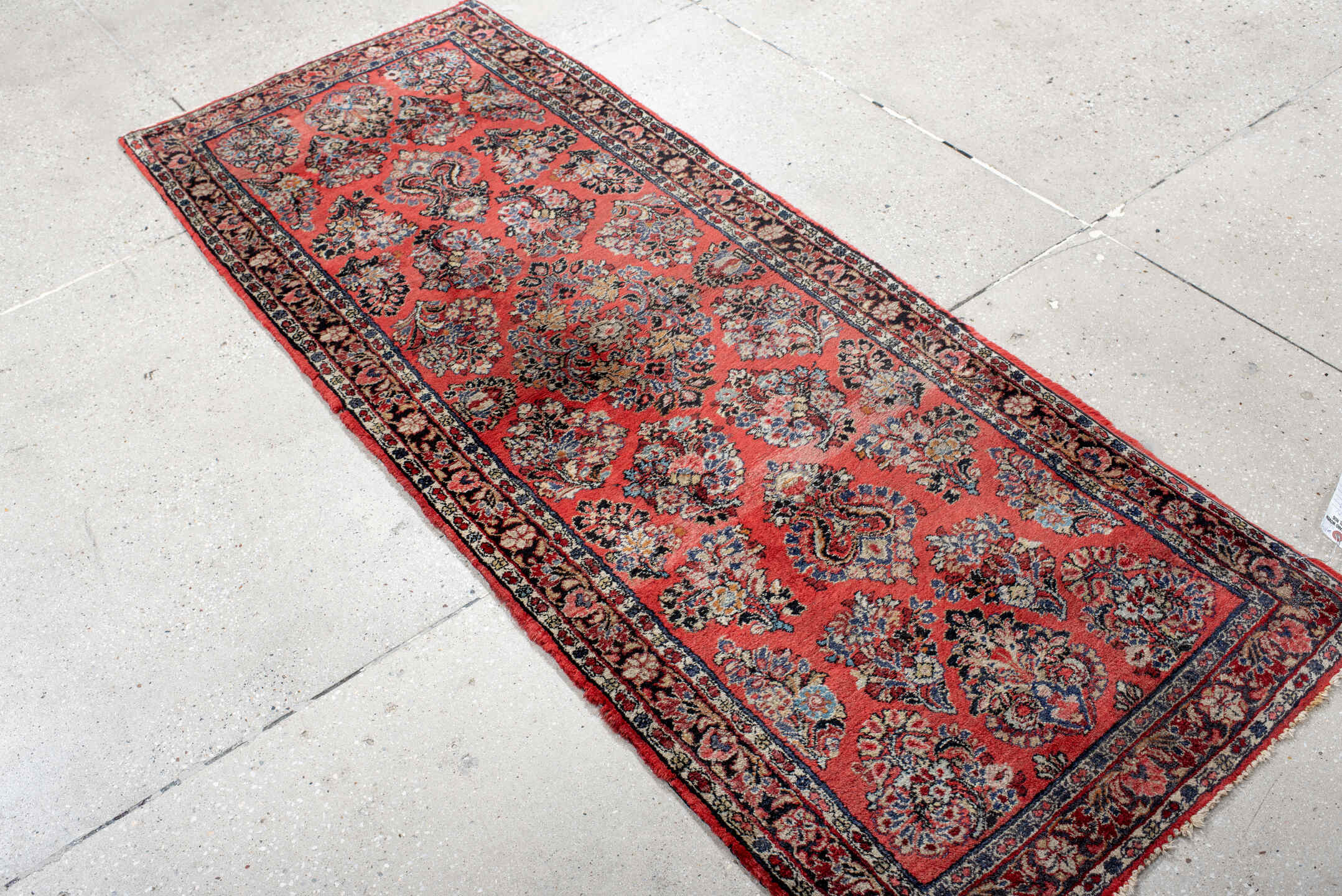 2' x 6' one-of-a-kind handmade antique Sarouk runner rug. Color palette: red, navy, ivory, rose, slate, burgundy, camel