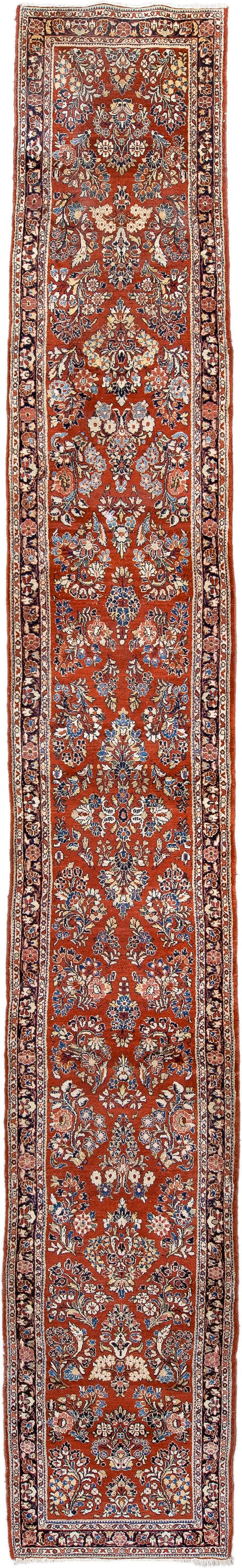 2' x 18' one-of-a-kind handmade antique Sarouk runner rug. Color palette: rust, ivory, navy, soft blue, rose, charcoal
