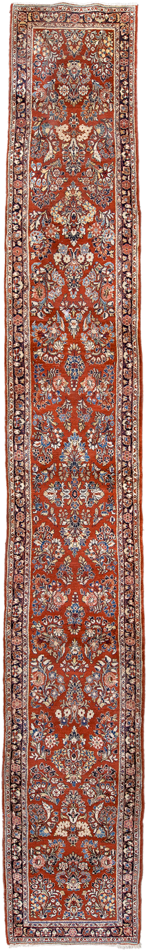 2' x 18' one-of-a-kind handmade antique Sarouk runner rug. Color palette: rust, ivory, navy, soft blue, rose, charcoal