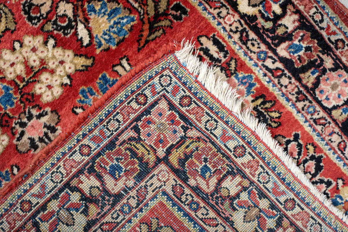 2' x 18' one-of-a-kind handmade antique Sarouk runner rug. Color palette: rust, ivory, navy, soft blue, rose, charcoal