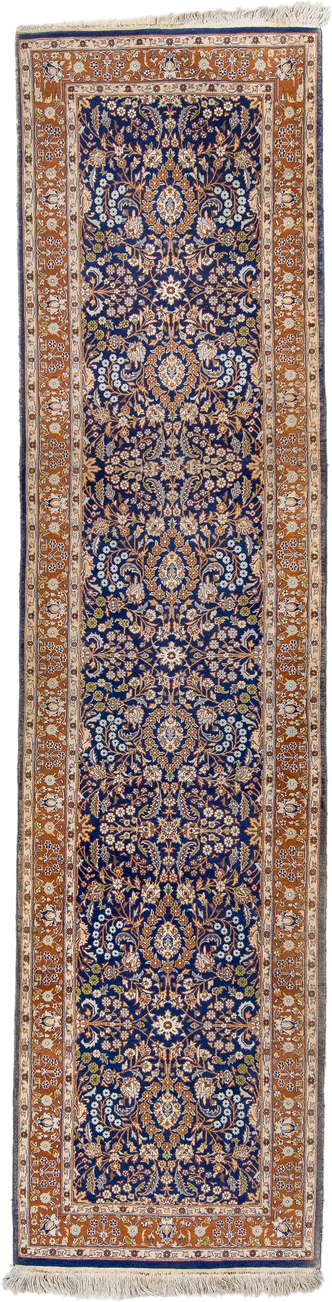 2' x 10' one-of-a-kind handmade vintage Kashmir runner rug. Color palette: navy, camel, ivory, gold, rust, slate, taupe