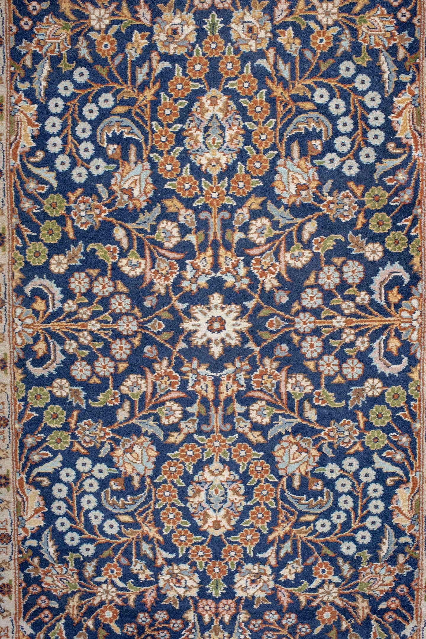 2' x 10' one-of-a-kind handmade vintage Kashmir runner rug. Color palette: navy, camel, ivory, gold, rust, slate, taupe
