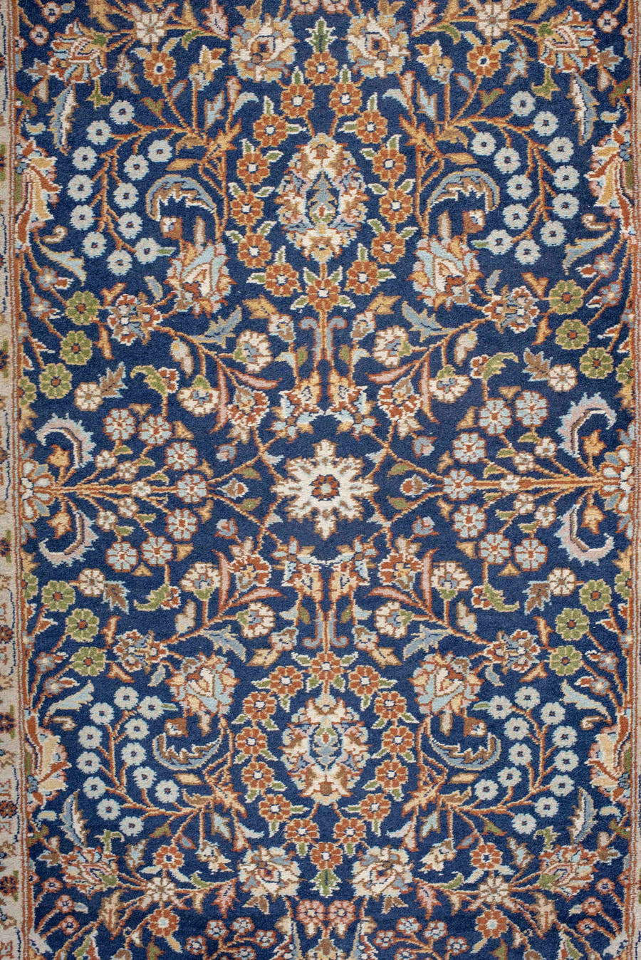 2' x 10' one-of-a-kind handmade vintage Kashmir runner rug. Color palette: navy, camel, ivory, gold, rust, slate, taupe