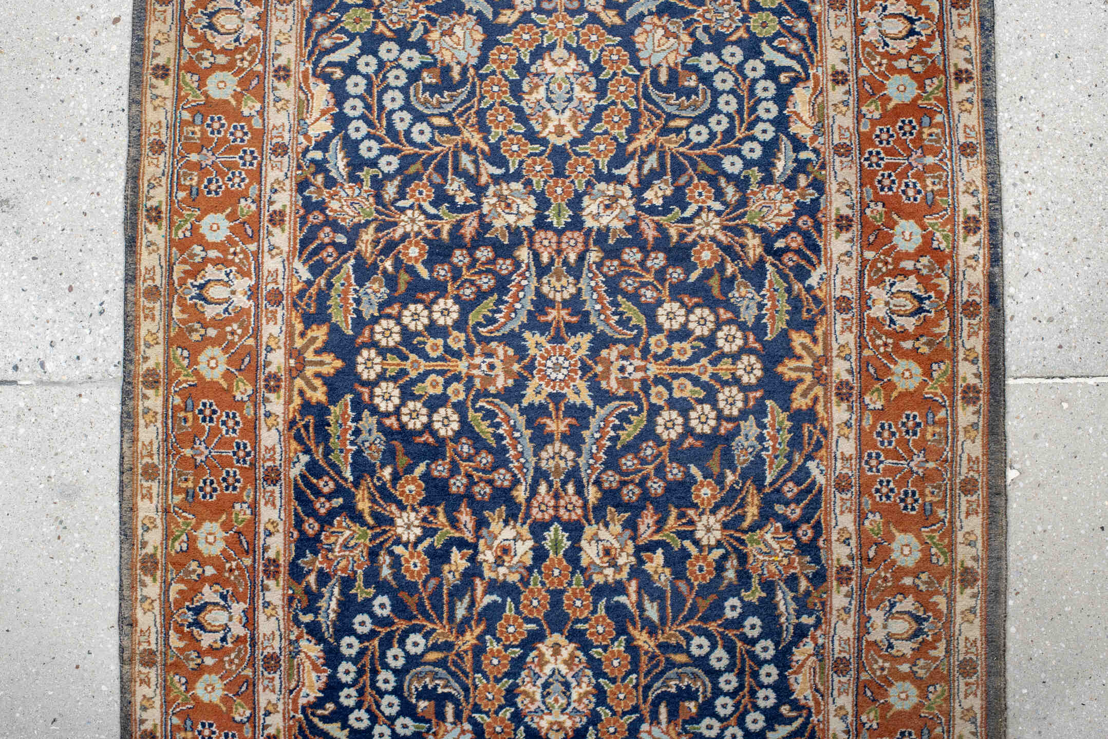 2' x 10' one-of-a-kind handmade vintage Kashmir runner rug. Color palette: navy, camel, ivory, gold, rust, slate, taupe