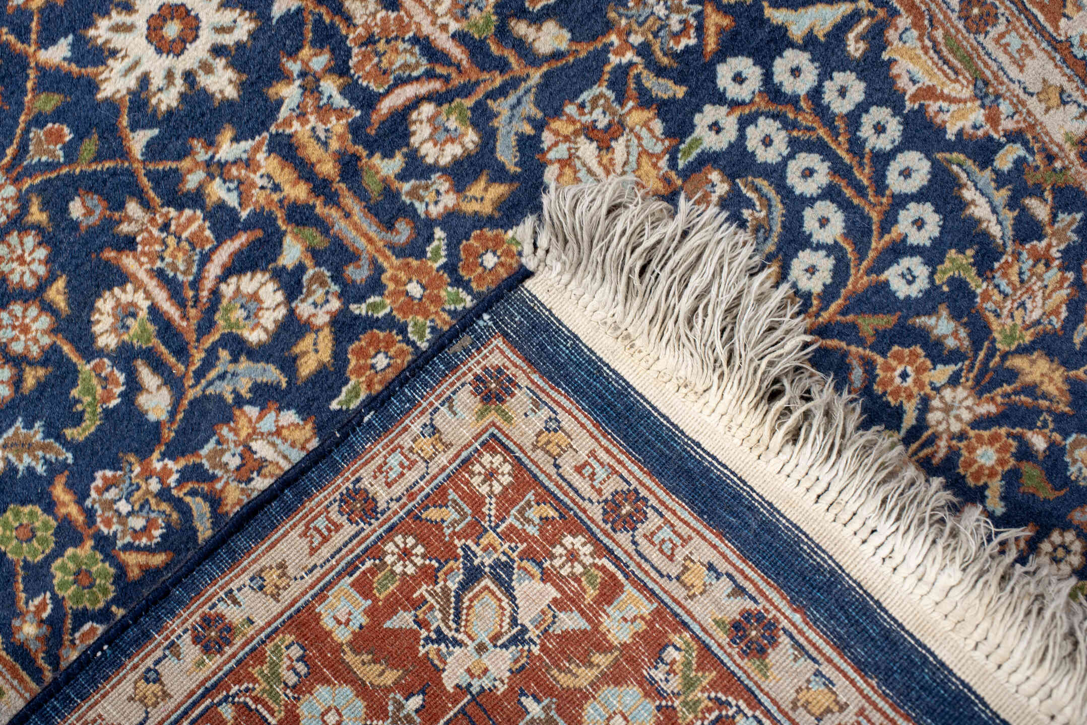 2' x 10' one-of-a-kind handmade vintage Kashmir runner rug. Color palette: navy, camel, ivory, gold, rust, slate, taupe