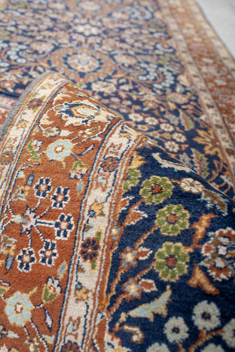 2' x 10' one-of-a-kind handmade vintage Kashmir runner rug. Color palette: navy, camel, ivory, gold, rust, slate, taupe