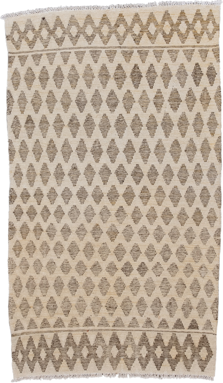 3' x 5' one-of-a-kind handmade vintage Kilim small size rug. Color palette: ivory, taupe, beige, gray