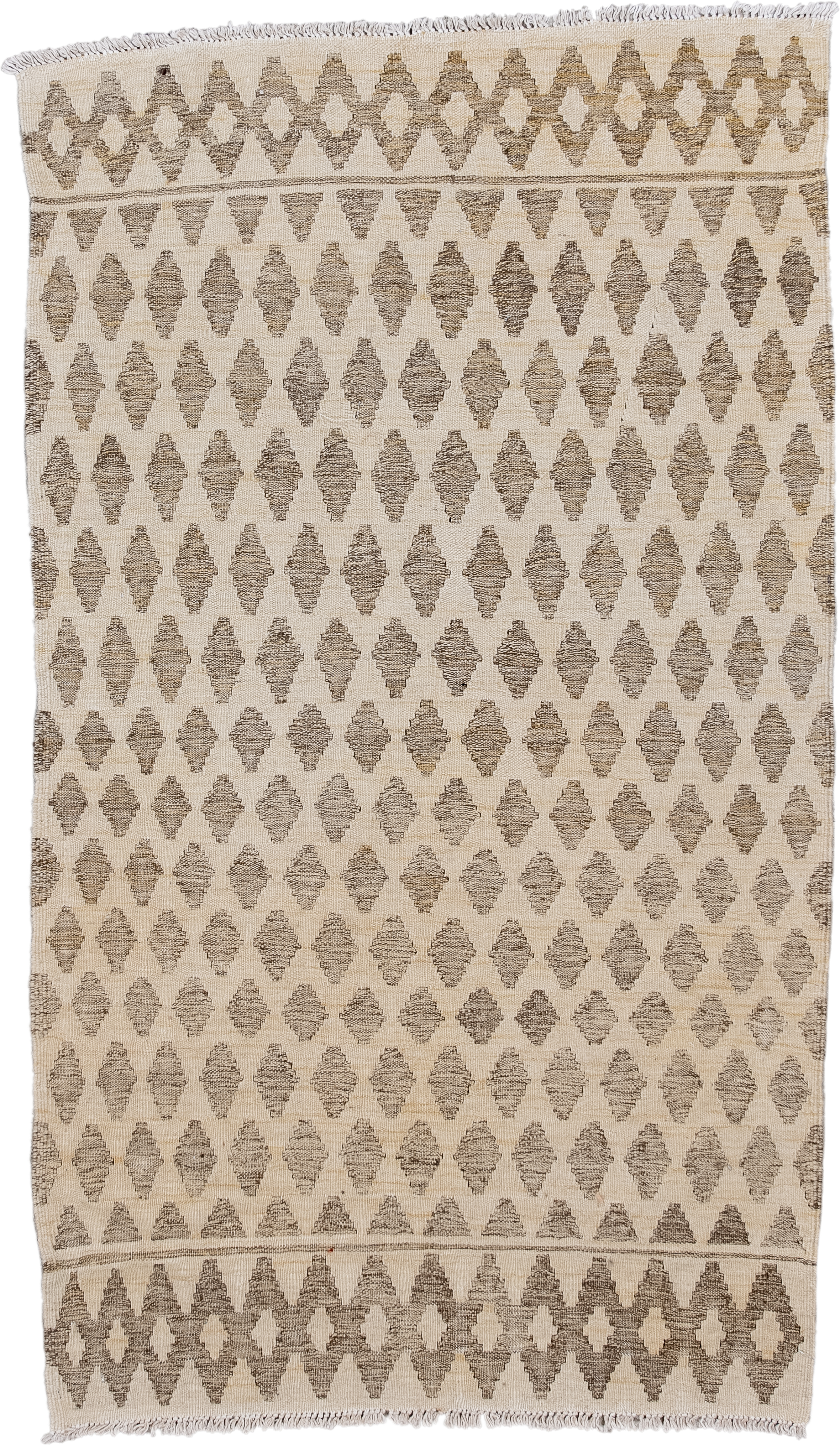 3' x 5' one-of-a-kind handmade vintage Kilim small size rug. Color palette: ivory, taupe, beige, gray