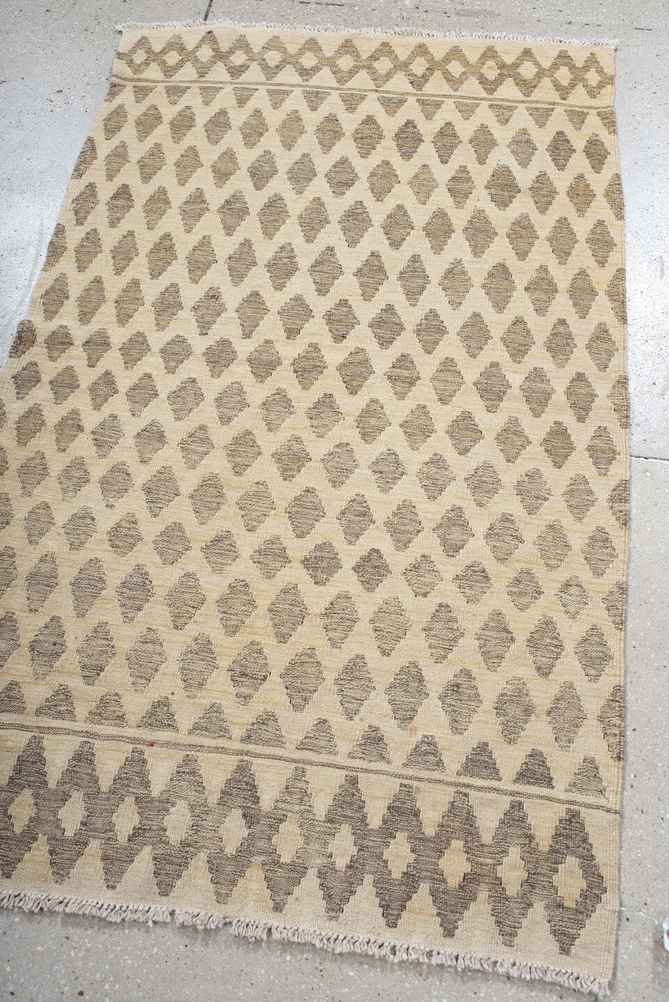 3' x 5' one-of-a-kind handmade vintage Kilim small size rug. Color palette: antiquewhite, brown, gray, light gray, off-white