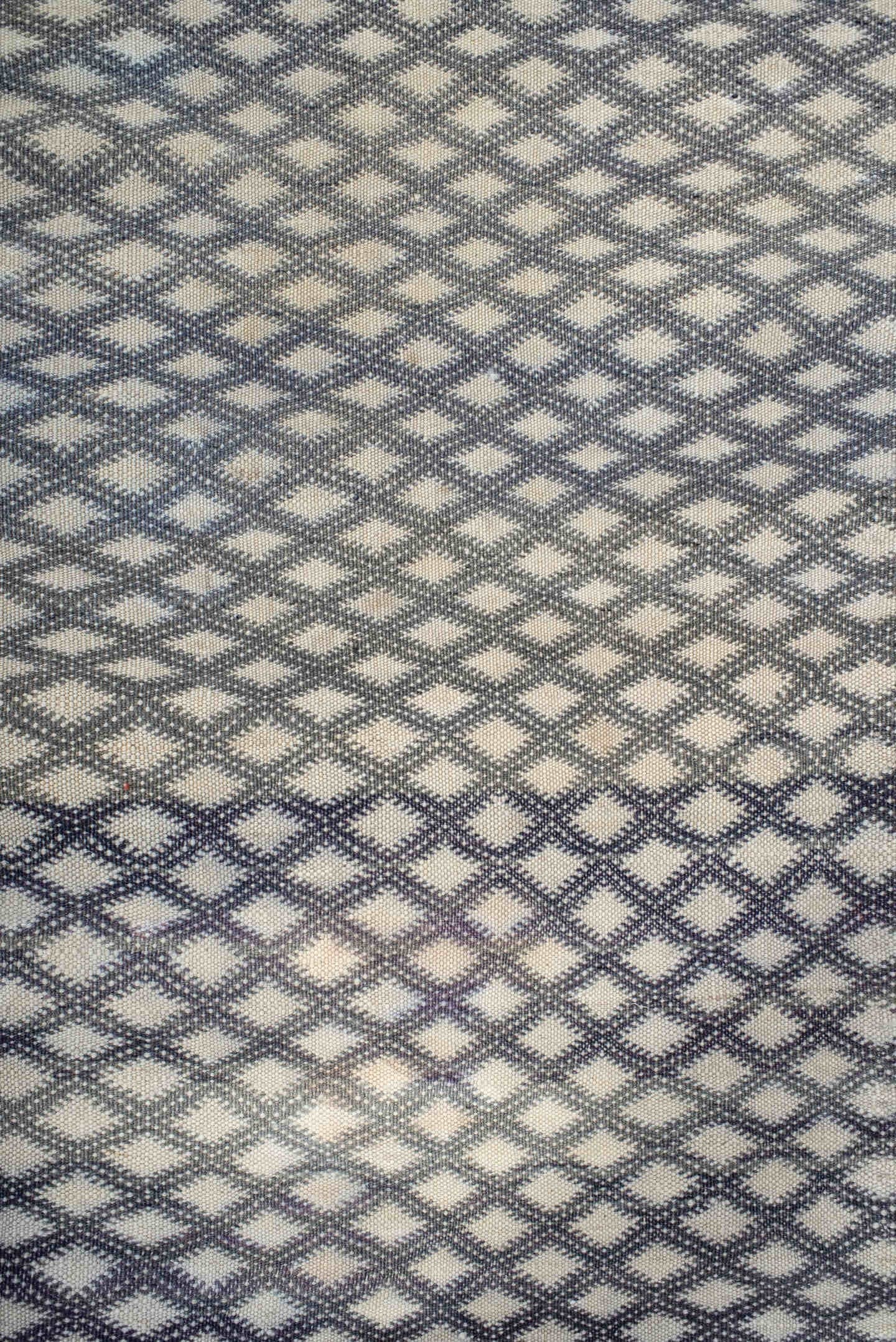 3' x 8' one-of-a-kind handmade vintage Kilim runner rug. Color palette: ivory, charcoal, slate, taupe, lavender, gray, black