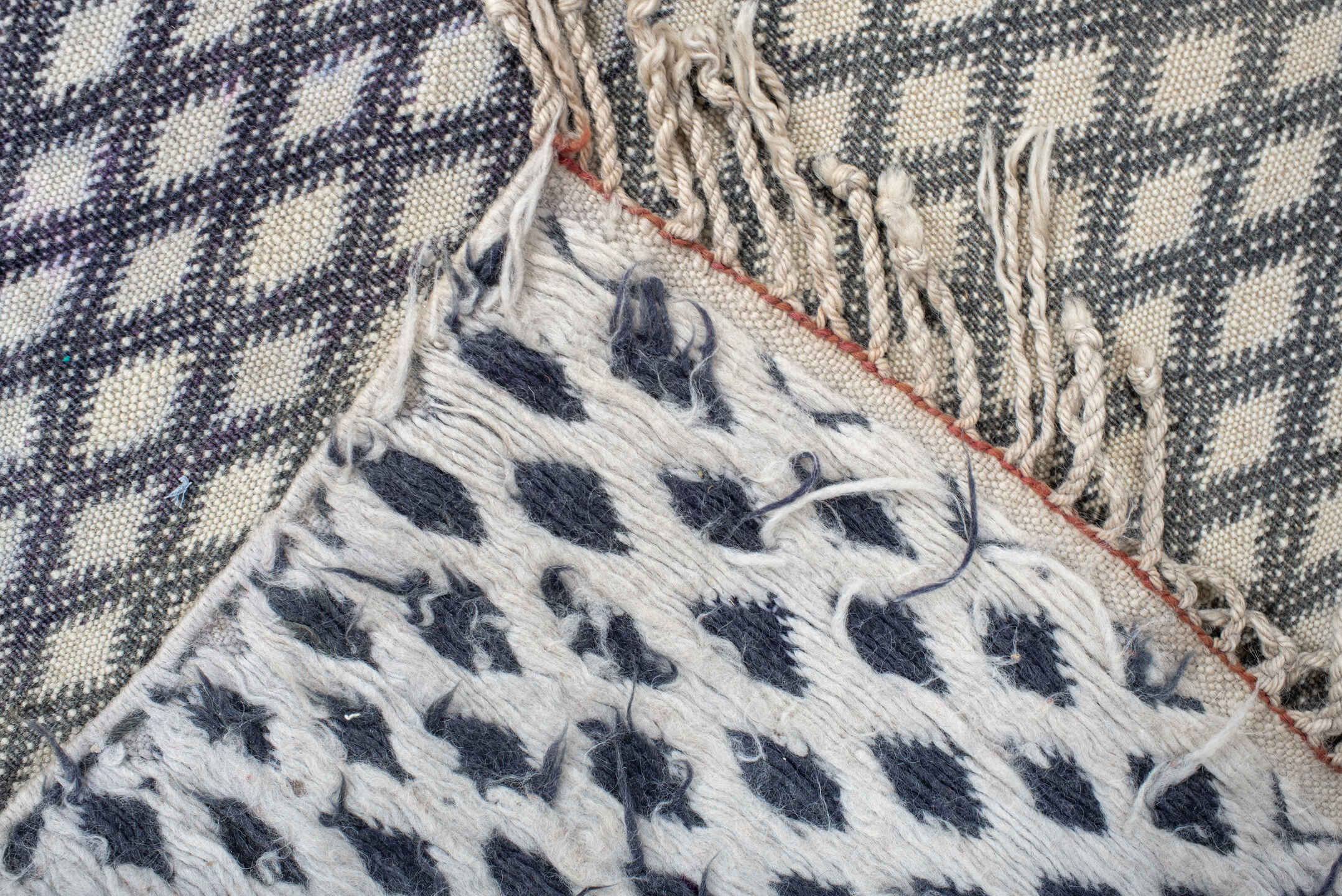 3' x 8' one-of-a-kind handmade vintage Kilim runner rug. Color palette: black, blue, dark gray, dim gray, gainsboro