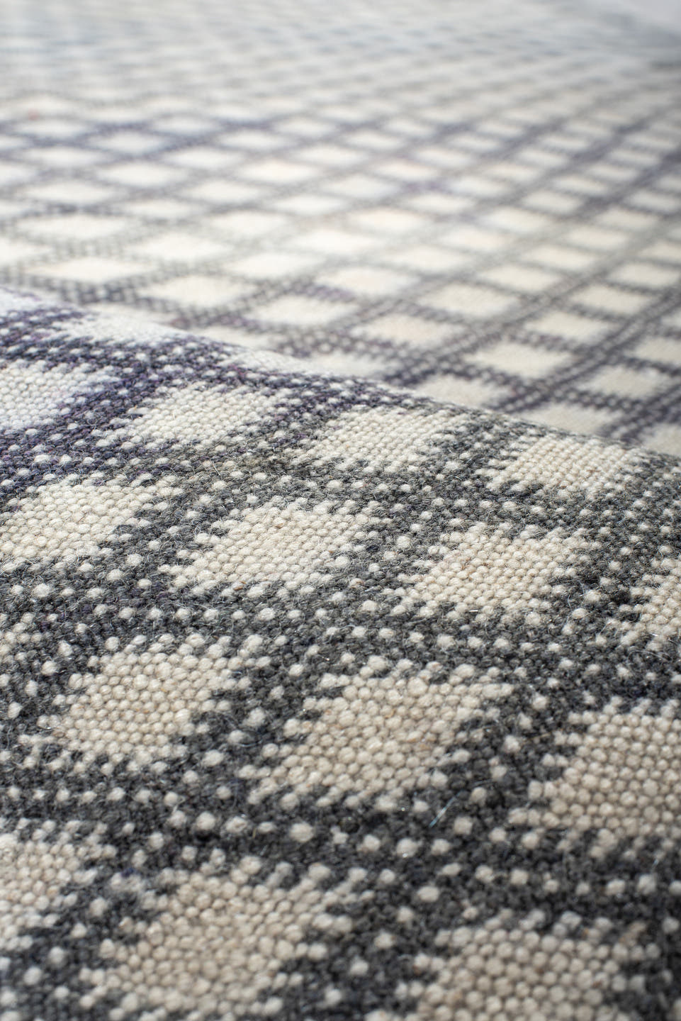 3' x 8' one-of-a-kind handmade vintage Kilim runner rug. Color palette: ivory, charcoal, slate, taupe, lavender, gray, black