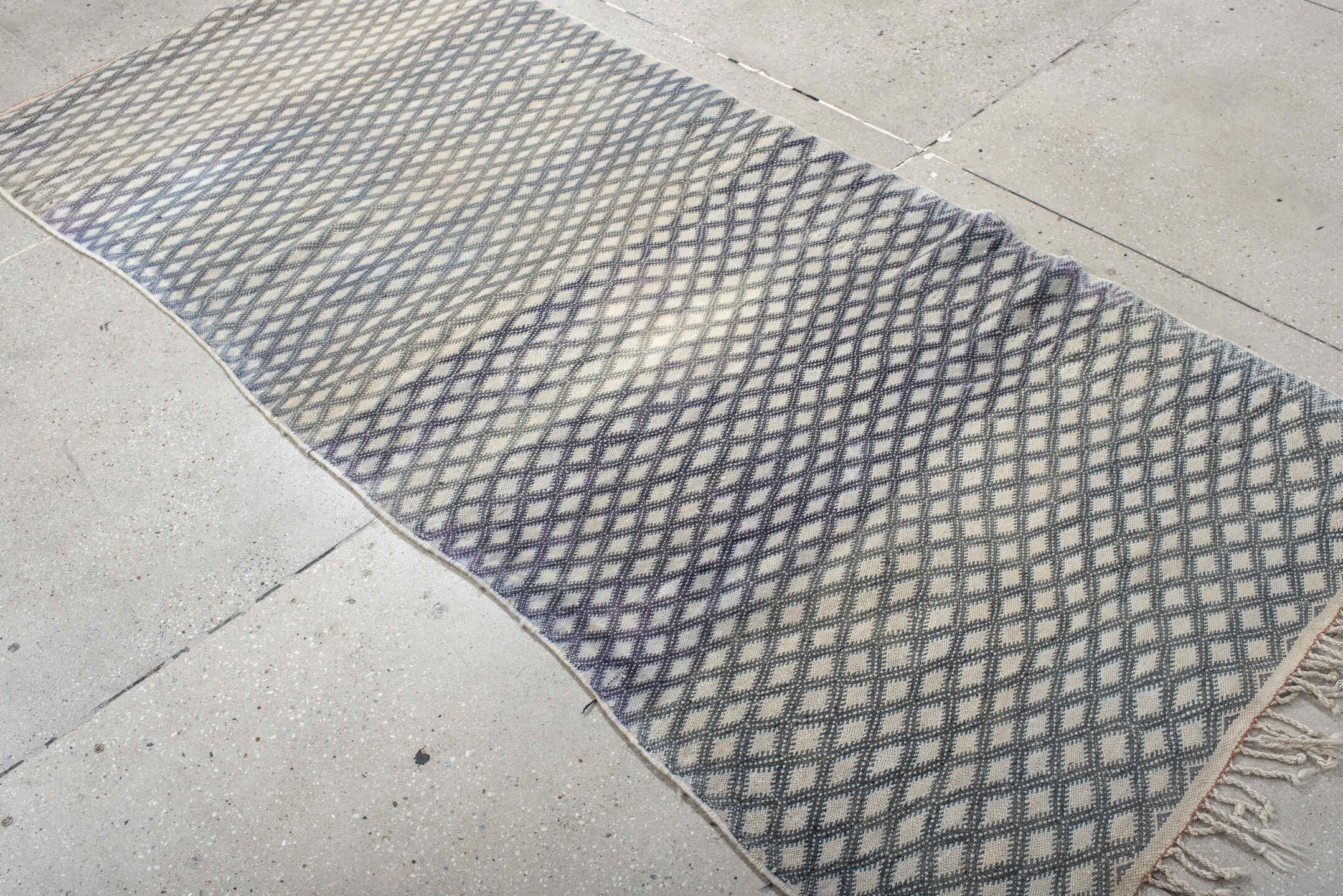 3' x 8' one-of-a-kind handmade vintage Kilim runner rug. Color palette: black, blue, dark gray, dim gray, gainsboro