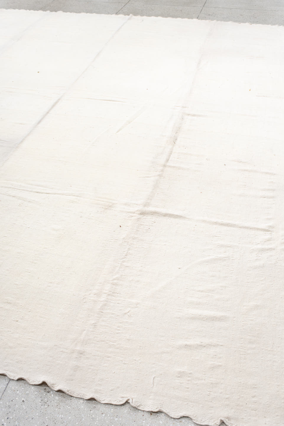 11' x 13' one-of-a-kind handmade vintage Kilim oversize rug. Color palette: ivory, cream, taupe, beige, gray
