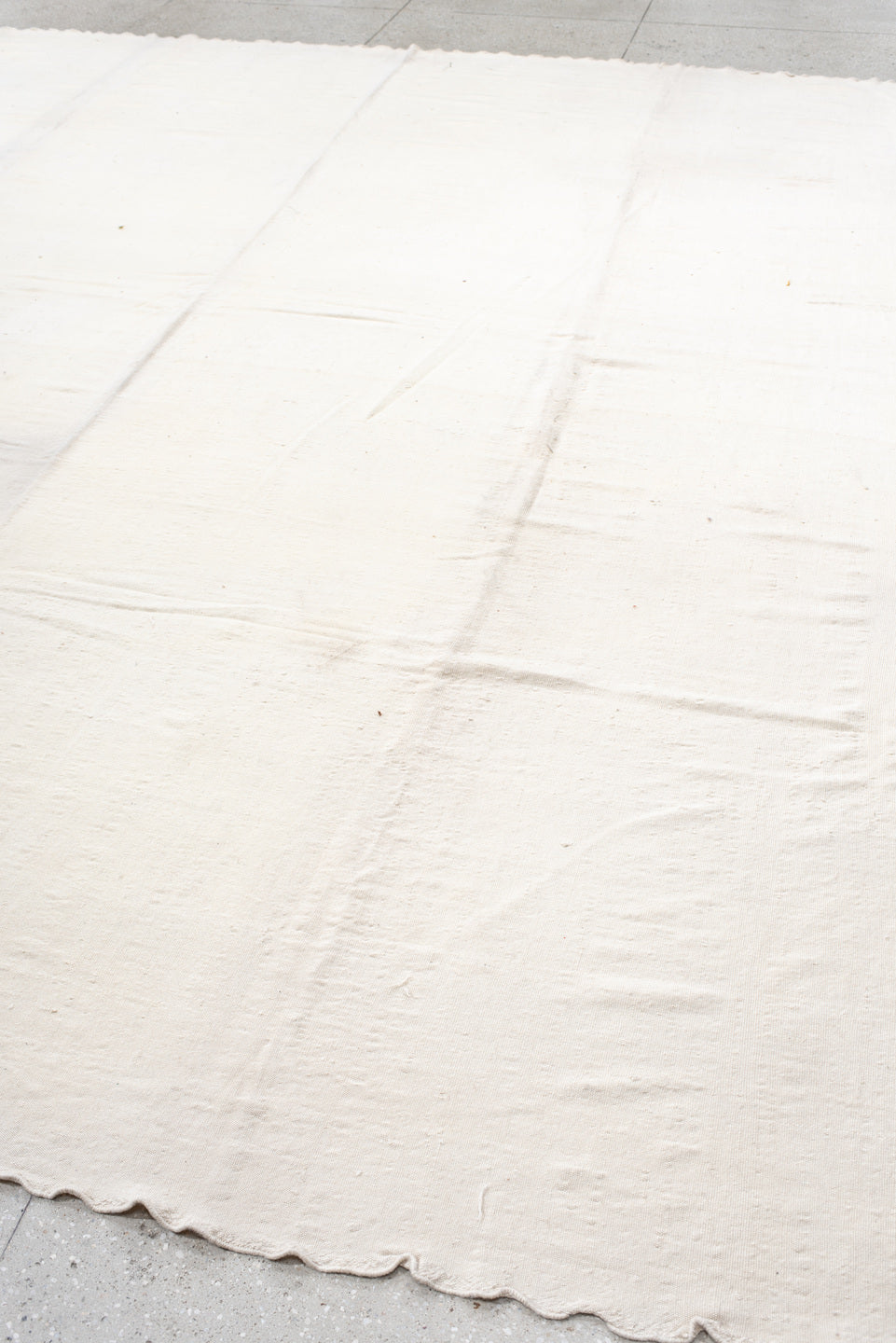 11' x 13' one-of-a-kind handmade vintage Kilim oversize rug. Color palette: ivory, cream, taupe, beige, gray