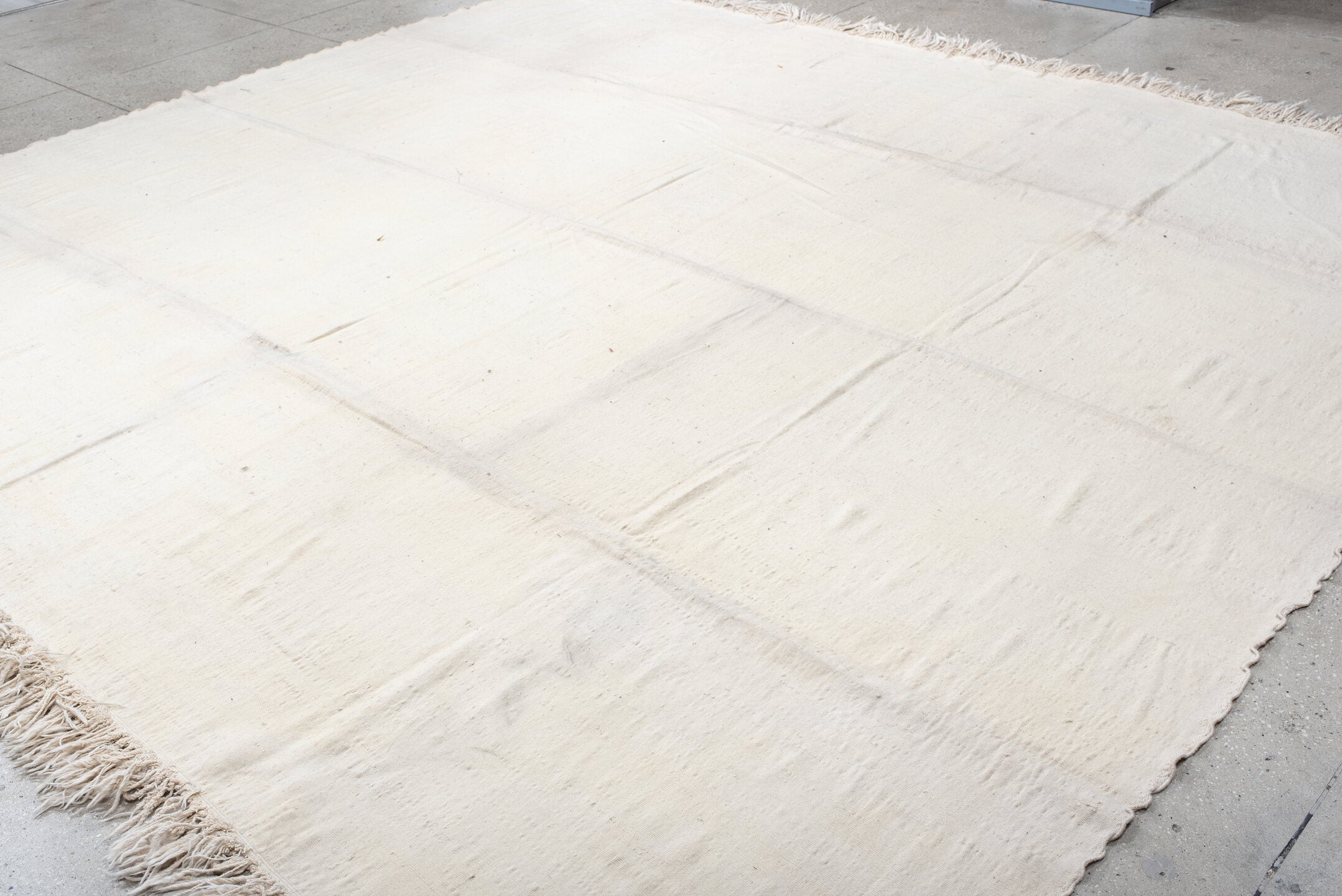 11' x 13' one-of-a-kind handmade vintage Kilim oversize rug. Color palette: ivory, cream, taupe, beige, gray