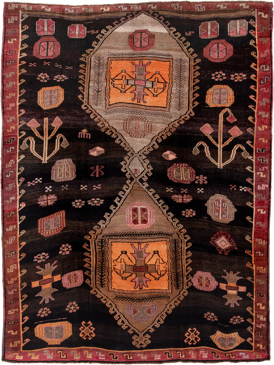 8' x 10' one-of-a-kind handmade antique Kars large size rug. Color palette: charcoal, rust, ivory, rose, apricot, taupe