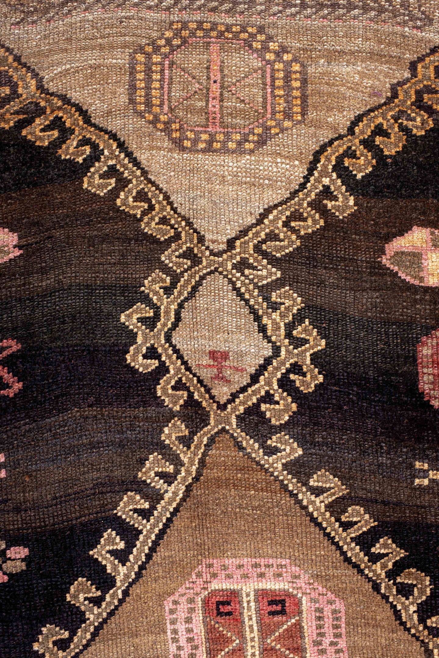 8' x 10' one-of-a-kind handmade antique Kars large size rug. Color palette: charcoal, rust, ivory, rose, apricot, taupe