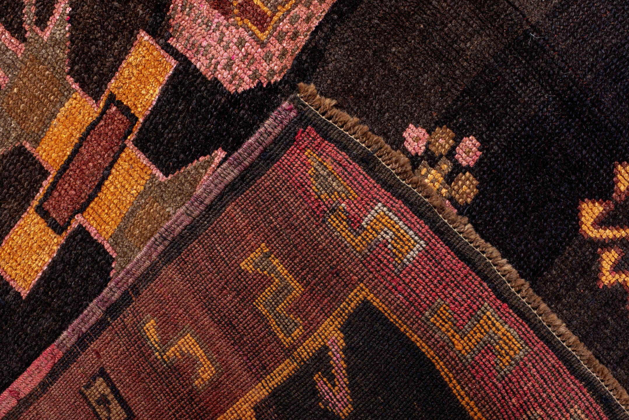 8' x 10' one-of-a-kind handmade vintage Kars large size rug. Color palette: black, brown, gray, off-white, orange, pink, red